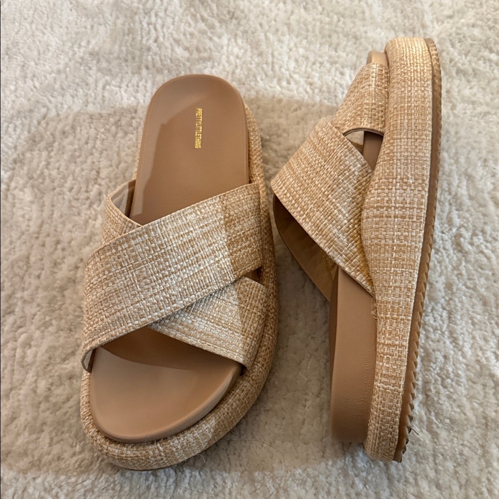 PrettyLittleThing Beige Crisscross Sandals